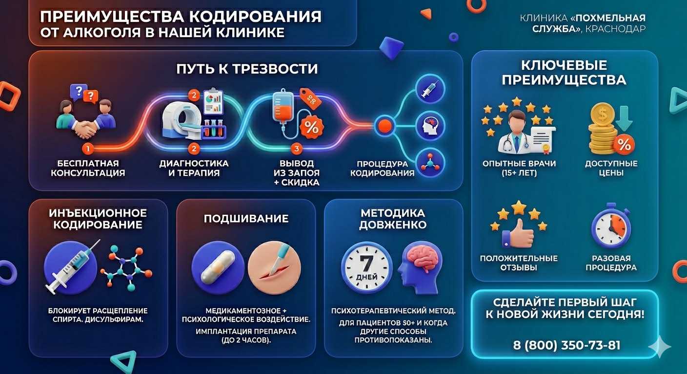 Инфографика о методах кодирования от алкоголя в Нелидово: инъекции, подшивание, метод Довженко. Преимущества клиники и этапы лечения.