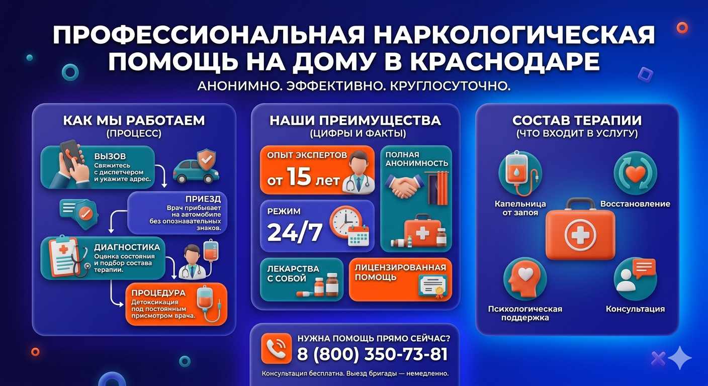 Инфографика о принципах лечения алкоголизма на дому в Нелидово: этапы вызова нарколога, преимущества анонимной детоксикации и состав медицинской помощи.
